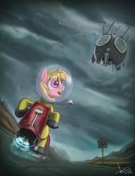 Size: 1223x1594 | Tagged: safe, artist:rublegun, oc, oc only, oc:puppysmiles, oc:watcher, earth pony, pony, robot, fallout equestria, fallout equestria: pink eyes, canterlot ghoul, fanfic, fanfic art, female, filly, foal, hazmat suit, hooves, open mouth, route 52, scooter, spritebot, teeth, wasteland