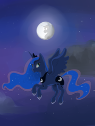 Size: 1900x2500 | Tagged: safe, artist:soupa12, princess luna, pony, g4, cloud, cloudy, female, flying, mare in the moon, moon, night, solo