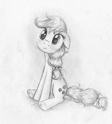 Size: 824x906 | Tagged: safe, artist:magfen, applejack, pony, g4, blushing, female, floppy ears, looking at you, monochrome, sitting, smiling, solo, traditional art, underhoof