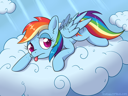 Size: 1000x750 | Tagged: safe, artist:tehflah, rainbow dash, pegasus, pony, g4, cloud, female, on a cloud, solo, sweat, tired, tongue out