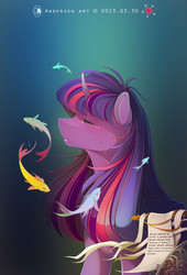 Size: 2007x2952 | Tagged: dead source, safe, artist:antiander, part of a set, twilight sparkle, fish, pony, unicorn, g4, beautiful, eyes closed, female, future, gradient background, horn, long mane, mare, portrait, scroll, solo