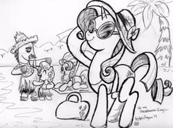 Size: 2846x2108 | Tagged: safe, artist:buckingawesomeart, cookie crumbles, hondo flanks, rarity, sweetie belle, earth pony, pony, unicorn, g4, beach, bikini, clothes, female, grayscale, mare, monochrome, rarity's parents, ship:cookieflanks, skirt, sunglasses, swimsuit