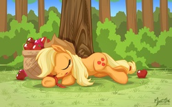 Size: 1920x1200 | Tagged: safe, artist:mysticalpha, applejack, g4, apple, sleeping, wallpaper