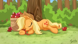 Size: 2560x1440 | Tagged: safe, artist:mysticalpha, applejack, earth pony, pony, g4, apple, basket, female, loose hair, sleeping, solo, tree, wallpaper