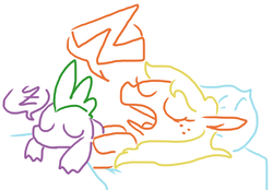 Size: 547x380 | Tagged: safe, artist:weaver, applejack, spike, g4, bed, female, male, ship:applespike, shipping, simple background, sleeping, straight, white background, z