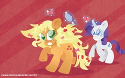 Size: 1280x800 | Tagged: safe, artist:caramelcookie, applejack, rarity, g4, bow, brushie, hair curlers