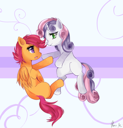 Size: 1000x1041 | Tagged: dead source, safe, artist:pklove-chan, scootaloo, sweetie belle, g4, female, lesbian, ship:scootabelle, shipping