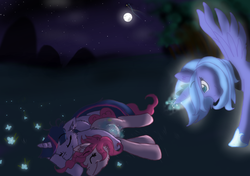 Size: 1172x823 | Tagged: safe, artist:cat4lyst, artist:coyoterainbow, pinkie pie, princess luna, twilight sparkle, alicorn, earth pony, pony, g4, cheek fluff, cuddling, ear fluff, eyes closed, female, glowing, glowing horn, horn, lesbian, magic, magical lesbian spawn, magical pregnancy, mare, night, offspring, pregnant, ship:twinkie, shipping, sleeping