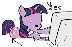 Size: 1000x655 | Tagged: safe, twilight sparkle, pony, unicorn, g4, computer, dialogue, faic, female, keyboard, mare, monitor, open mouth, reaction image, yes