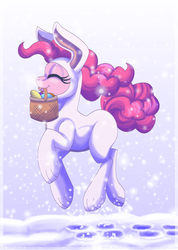 Size: 900x1267 | Tagged: safe, artist:inuhoshi-to-darkpen, pinkie pie, earth pony, pony, g4, basket, bunny costume, clothes, costume, easter, easter bunny, female, mouth hold, snow, snowfall, solo