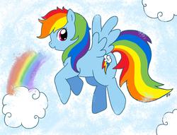 Size: 2740x2092 | Tagged: source needed, safe, artist:littleeeveekitten, rainbow dash, g4, flying, full body, rainbow, side view, solo, spread wings, wings