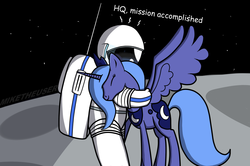 Size: 1400x928 | Tagged: safe, artist:miketheuser, princess luna, alicorn, human, pony, g4, astronaut, cute, eyes closed, female, hug, luna and the nauts, lunabetes, mare, missing accessory, moon, moonbase alpha, on the moon, s1 luna, smiling, space, spread wings, wings