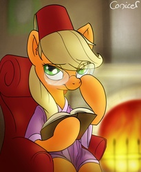 Size: 1131x1382 | Tagged: safe, artist:conicer, applejack, earth pony, pony, g4, book, chair, clothes, fanfic art, female, fez, fire, fireplace, glasses, hat, robe, sitting, solo