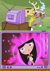 Size: 494x700 | Tagged: safe, discord, g4, cute, exploitable meme, hypno eyes, isabella garcia shapiro, phineas and ferb, swirly eyes, tv meme, weapons-grade cute