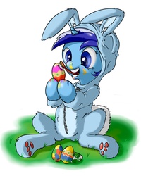 Size: 2000x2500 | Tagged: safe, artist:osakaoji, minuette, pony, unicorn, g4, bunny costume, clothes, easter, easter bunny, easter egg, solo, toothbrush