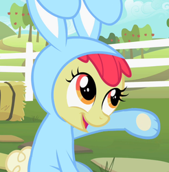 Size: 680x690 | Tagged: safe, screencap, apple bloom, earth pony, pony, family appreciation day, g4, adorabloom, animal costume, bunny bloom, bunny costume, clothes, costume, cropped, cute, female, solo
