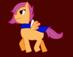 Size: 683x537 | Tagged: safe, scootaloo, g4, alternate hairstyle, backstory in description, cyborg 009, full body, long description, no catchlights, red background, side view, simple background, solo