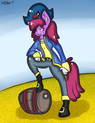 Size: 548x710 | Tagged: dead source, safe, artist:letsaskberrypunch, artist:phillnana, berry punch, berryshine, earth pony, anthro, g4, barrel, captain morgan, clothes, eyepatch, female, keg, pirate, solo