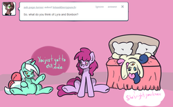 Size: 862x533 | Tagged: dead source, safe, artist:letsaskberrypunch, artist:phillnana, berry punch, berryshine, bon bon, lyra heartstrings, sweetie drops, earth pony, pony, unicorn, g4, ask, bed, colored pupils, pillow, pink background, simple background, trio, tumblr