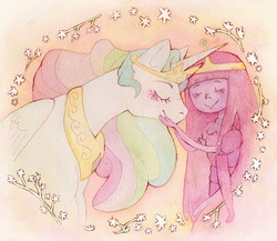 Size: 800x695 | Tagged: safe, artist:tealeafillustrations, princess celestia, g4, adventure time, blushing, crossover, male, princess bubblegum