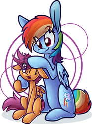Size: 567x757 | Tagged: safe, artist:littlepinkalpaca, rainbow dash, scootaloo, pegasus, pony, g4, abstract background, cute, cutealoo, dashabetes, duo, duo female, eye clipping through hair, female, filly, floppy ears, mare, one eye closed, open mouth, ruffled hair, scootalove