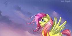 Size: 1360x692 | Tagged: safe, artist:skyart301, fluttershy, pegasus, pony, g4, cloud, female, mare, sky, solo, stars, windswept mane