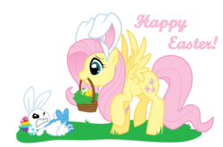 Size: 1101x725 | Tagged: safe, artist:xnightmelody, angel bunny, fluttershy, g4, basket, bow, bunny ears, easter, easter egg, mouth hold, simple background, transparent background, vector