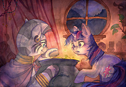 Size: 1000x692 | Tagged: safe, artist:tealeafillustrations, twilight sparkle, zecora, zebra, g4, cauldron, traditional art