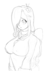 Size: 1280x1838 | Tagged: safe, artist:dclzexon, fluttershy, human, g4, big breasts, breasts, busty fluttershy, female, humanized, monochrome, sketch, solo