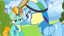 Size: 1600x900 | Tagged: safe, screencap, lightning dust, rainbow dash, pegasus, pony, g4, wonderbolts academy, angry, butt, clothes, duo, female, goggles, lead pony badge, lip bite, mare, plot, rainbutt dash, uniform, wingpony badge, wonderbolt trainee uniform