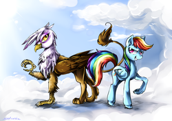 Size: 2092x1479 | Tagged: dead source, safe, artist:matrosha123, gilda, rainbow dash, griffon, g4