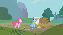 Size: 1280x720 | Tagged: safe, screencap, gilda, pinkie pie, rainbow dash, griffon, g4, griffon the brush off, hug