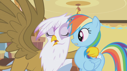 Size: 1280x720 | Tagged: safe, screencap, gilda, rainbow dash, griffon, g4, griffon the brush off, hug