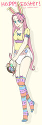 Size: 517x1542 | Tagged: dead source, safe, artist:fawnyabdl, fluttershy, human, g4, basket, blushing, breasts, bunny ears, bunnyshy, clothes, cute, diaper, diapershy, easter, easter egg, female, humanized, non-baby in diaper, shyabetes, stockings