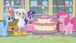 Size: 1280x720 | Tagged: safe, screencap, gilda, pinkie pie, rainbow dash, spike, twilight sparkle, griffon, g4, griffon the brush off, angry, cake