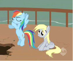 Size: 300x252 | Tagged: safe, screencap, derpy hooves, rainbow dash, pegasus, pony, g4, the last roundup, animated, butt touch, female, holding a pony, hoof on butt, mare
