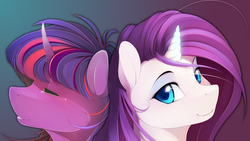 Size: 1920x1080 | Tagged: dead source, safe, artist:antiander, rarity, twilight sparkle, pony, unicorn, g4, 16:9, beautiful, blue eyes, blue eyeshadow, duo, eyes closed, eyeshadow, female, gradient background, horn, lesbian, looking at you, makeup, mare, ship:rarilight, shipping, smiling, smiling at you, wallpaper