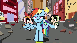 Size: 960x540 | Tagged: safe, rainbow dash, double rainboom, g4, spoiler:double rainboom, adventure in the comments, animated, antoinette, black outlines, blossom (powerpuff girls), bubbles (powerpuff girls), buttercup (powerpuff girls), dark outlines, female, the powerpuff girls