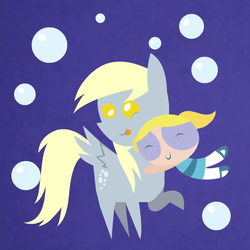 Size: 949x948 | Tagged: safe, artist:madkaichi, derpy hooves, pegasus, pony, double rainboom, g4, spoiler:double rainboom, bubble, bubbles (powerpuff girls), crossover, duo, duo female, eyes closed, female, hug, mare, pointy ponies, smiling, spread wings, the powerpuff girls, tongue out, wings