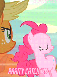 Size: 230x310 | Tagged: safe, edit, edited screencap, screencap, applejack, pinkie pie, earth pony, pony, g4, season 2, the last roundup, animated, applejack's hat, caption, cowboy hat, dodge junction, duo, eyes closed, female, freckles, gif, hat, image macro, jumping, mare, pink text, pinkie being pinkie, rarity catch me, stetson, text, this will end in tears, windswept mane