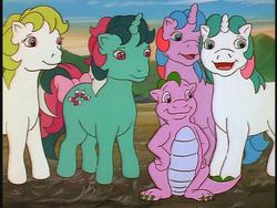 Size: 640x480 | Tagged: safe, screencap, buttons (g1), fizzy, gusty, spike (g1), surprise, dragon, pony, twinkle eyed pony, unicorn, g1, my little pony 'n friends, baby, baby dragon, female, happy, male, mare