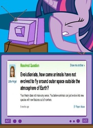 Size: 563x771 | Tagged: safe, twilight sparkle, g4, creationism, exploitable meme, facehoof, meme, text, tv meme, yahoo answers