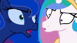 Size: 1280x720 | Tagged: safe, artist:2snacks, princess celestia, princess luna, alicorn, pony, two best sisters play, g4, angry, crown, eyelashes, female, jewelry, looking at each other, mare, regalia, talking