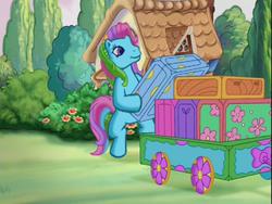 Size: 640x480 | Tagged: safe, screencap, rainbow dash (g3), pony, g3, the runaway rainbow, bipedal, cart, luggage