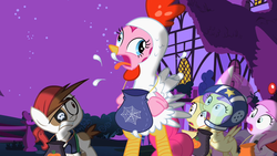 Size: 1280x720 | Tagged: safe, screencap, alula, noi, pinkie pie, pipsqueak, piña colada, pluto, earth pony, pony, g4, luna eclipsed, animal costume, chicken pie, chicken suit, clothes, colt, costume, male
