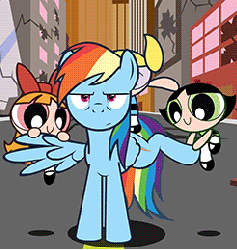 Size: 246x259 | Tagged: safe, artist:flamingo1986, rainbow dash, human, pegasus, pony, double rainboom, g4, spoiler:double rainboom, animated, antoinette, blossom (powerpuff girls), bubbles (powerpuff girls), buttercup (powerpuff girls), city of townsville, crossover, female, gif, the powerpuff girls, townsville, unamused