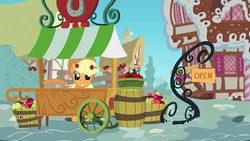 Size: 1920x1080 | Tagged: safe, applejack, earth pony, pony, double rainboom, g4, apple, apple pie, cart, female, food, mare, pie, smiling, solo, sugarcube corner