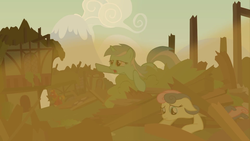 Size: 1920x1080 | Tagged: safe, big macintosh, bon bon, lyra heartstrings, sweetie drops, earth pony, pony, double rainboom, g4, destruction, dust, male, ponyville, stallion