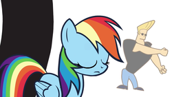 Size: 1920x1080 | Tagged: safe, rainbow dash, human, pegasus, pony, double rainboom, g4, dancing, eyes closed, johnny bravo, the monkey, unaware