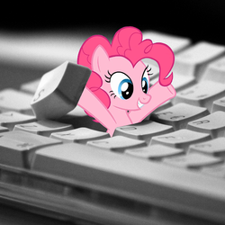 Size: 512x512 | Tagged: safe, pinkie pie, earth pony, pony, g4, arms in the air, female, grin, i hid in your keyboard, irl, keyboard, looking down, mare, photo, ponies in real life, smiling, solo